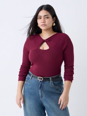 Gia Maroon Ribbed Cut-Out Detailed Top