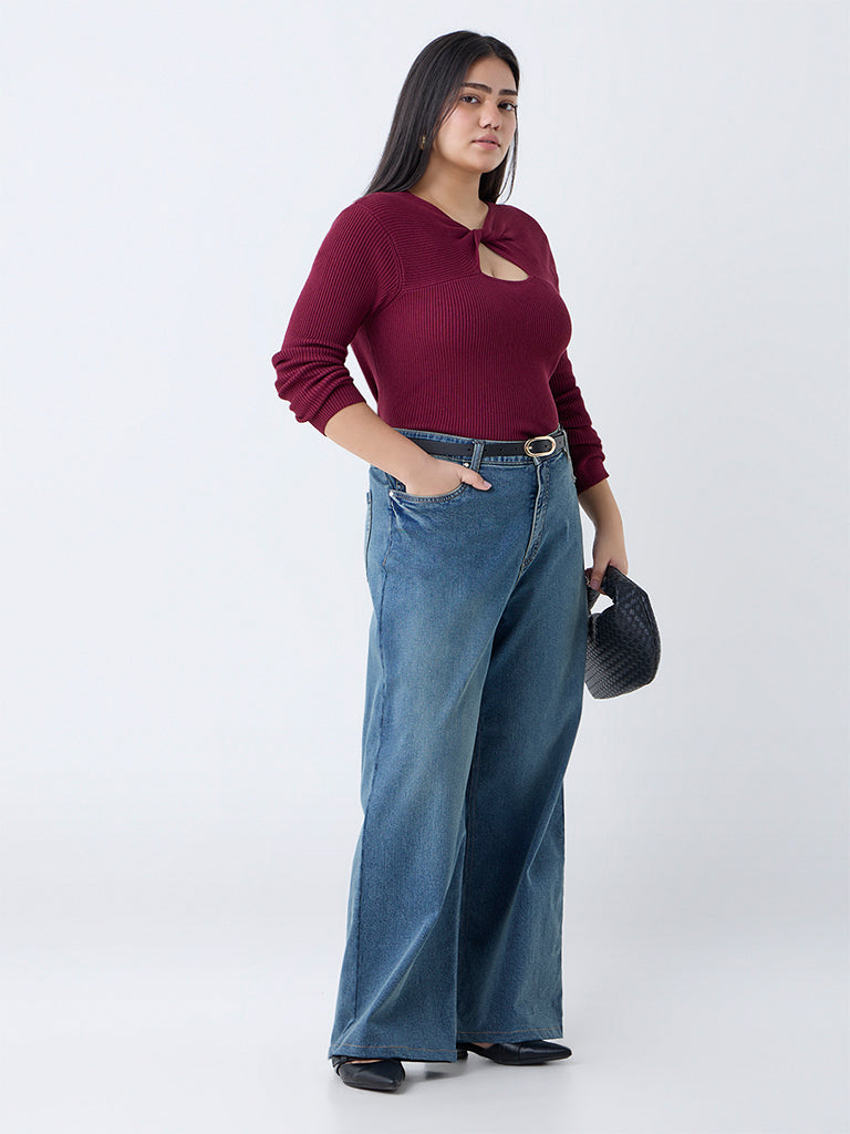 Gia Maroon Ribbed Cut-Out Detailed Top - Image 2