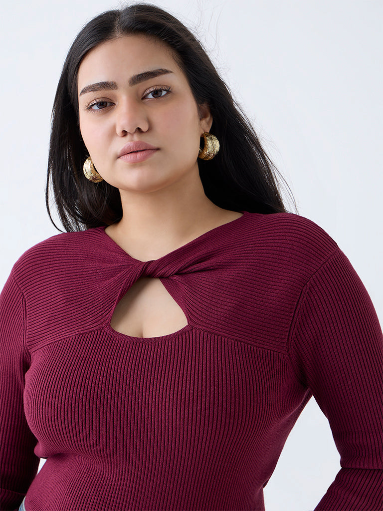 Gia Maroon Ribbed Cut-Out Detailed Top - Image 3