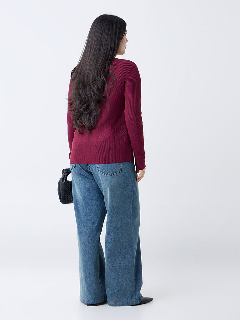 Gia Maroon Ribbed Cut-Out Detailed Top - Image 4