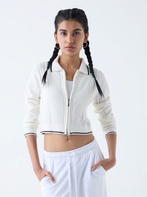 Studiofit Off-White Woven-Textured Cardigan