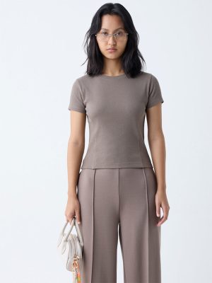 Studiofit Brown Ribbed-Textured Cotton-Blend T-Shirt