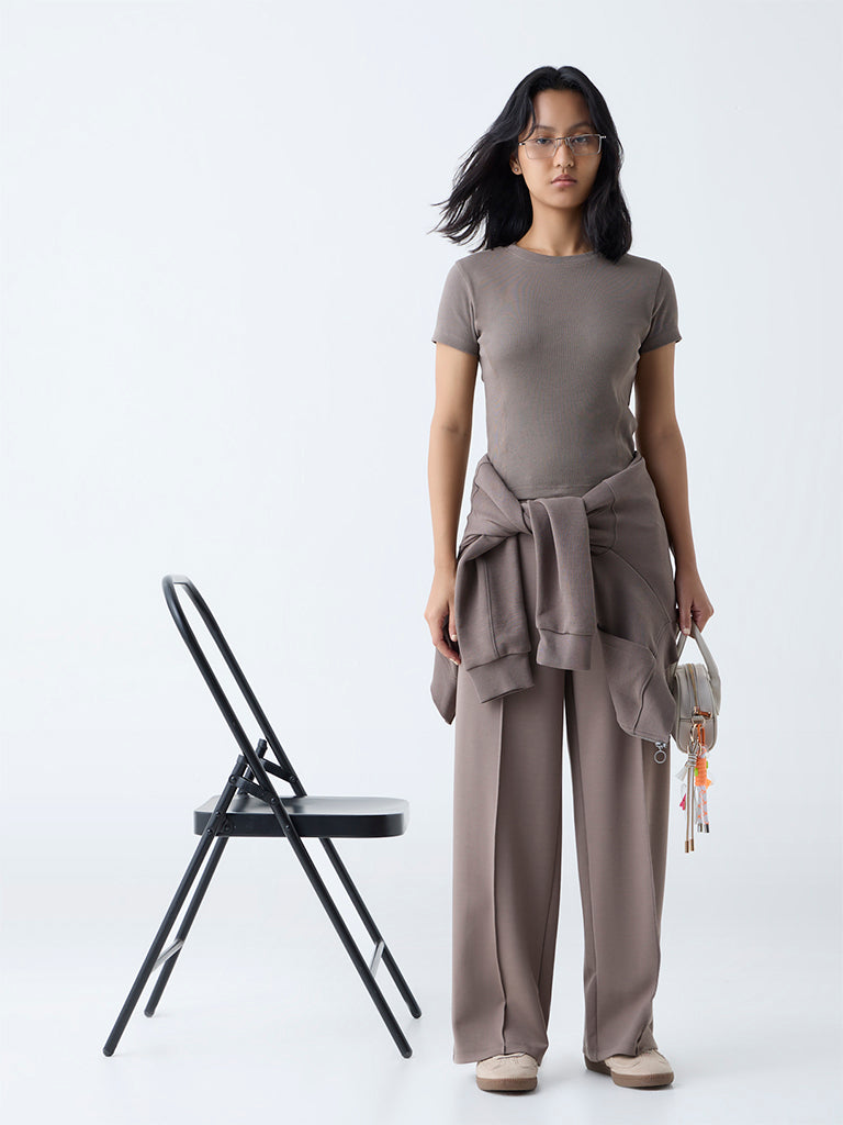 Studiofit Brown Ribbed-Textured Cotton-Blend T-Shirt - Image 2