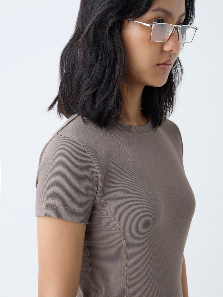 Studiofit Brown Ribbed-Textured Cotton-Blend T-Shirt - Image 3