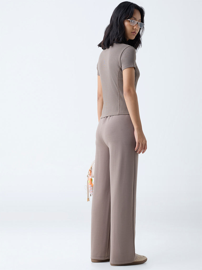 Studiofit Brown Ribbed-Textured Cotton-Blend T-Shirt - Image 4