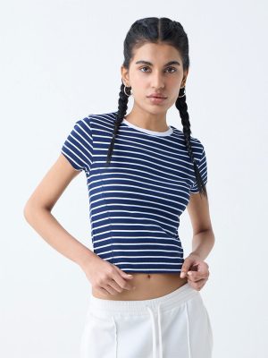 Studiofit Navy Striped Cotton-Blend T-Shirt