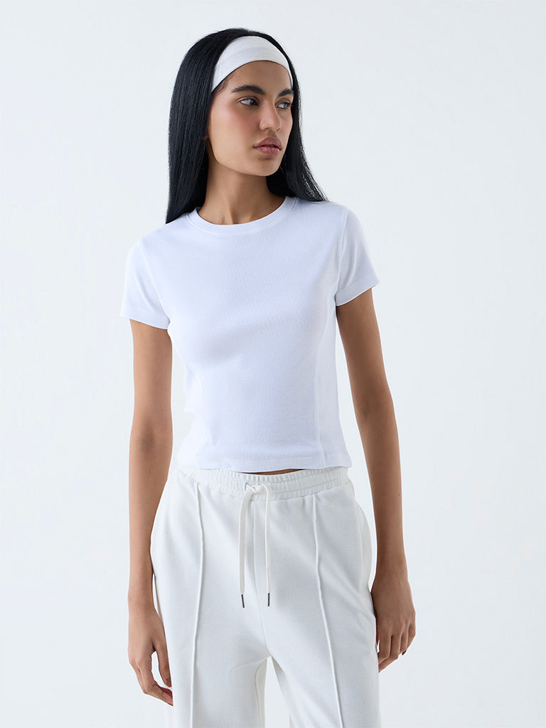 Studiofit White Ribbed-Textured Cotton-Blend T-Shirt