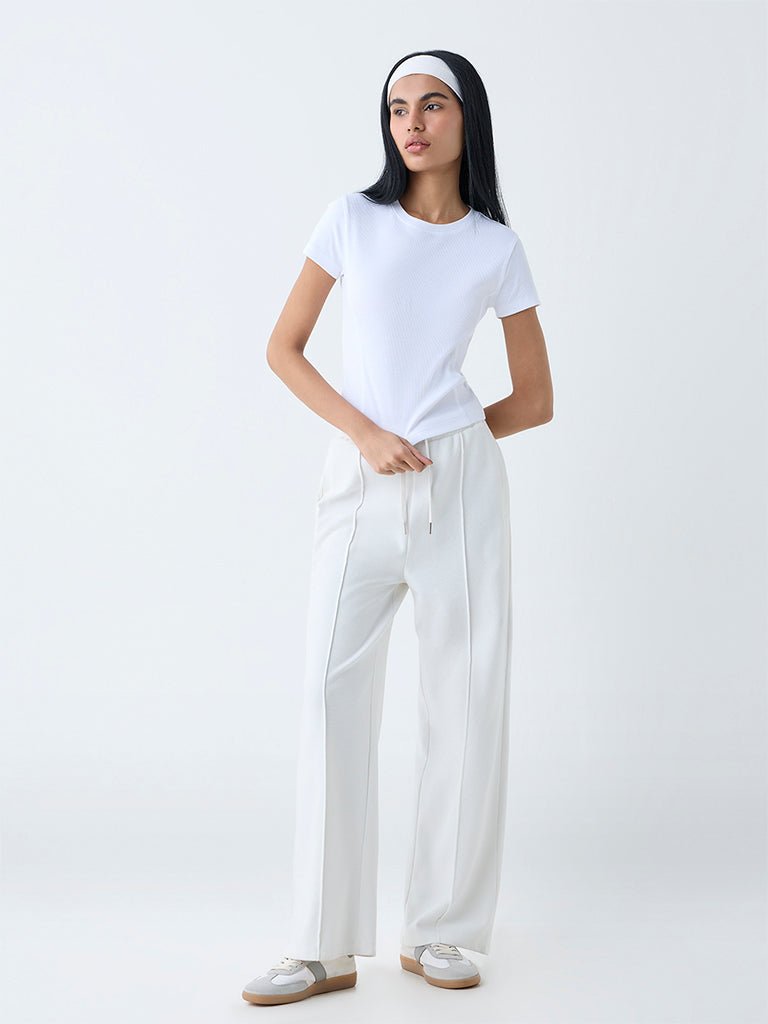 Studiofit White Ribbed-Textured Cotton-Blend T-Shirt - Image 2