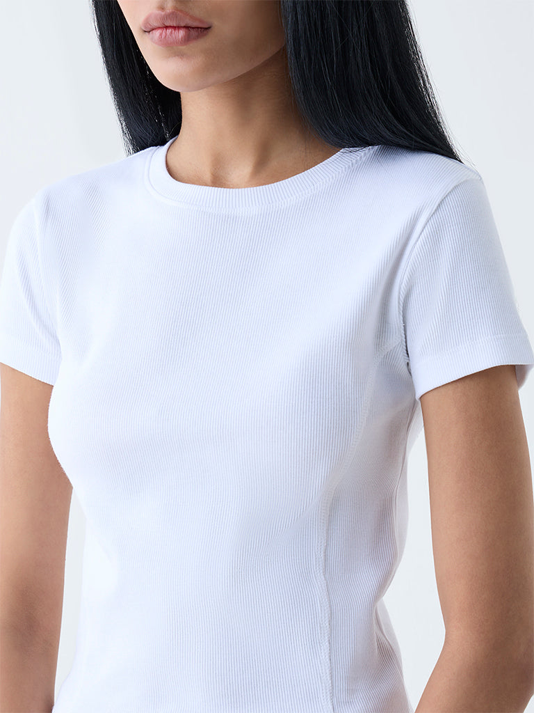 Studiofit White Ribbed-Textured Cotton-Blend T-Shirt - Image 3