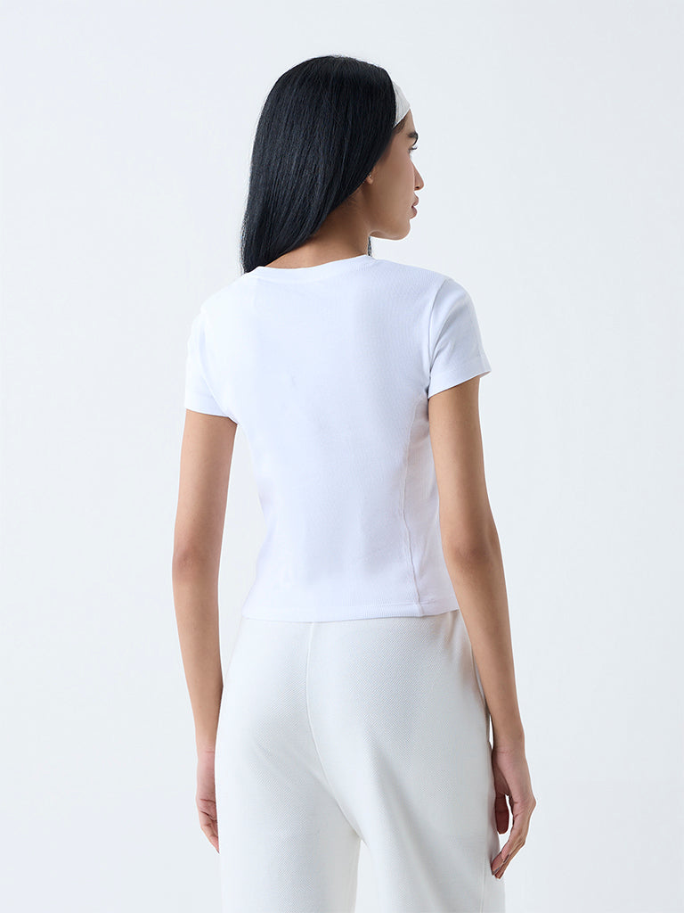 Studiofit White Ribbed-Textured Cotton-Blend T-Shirt - Image 4