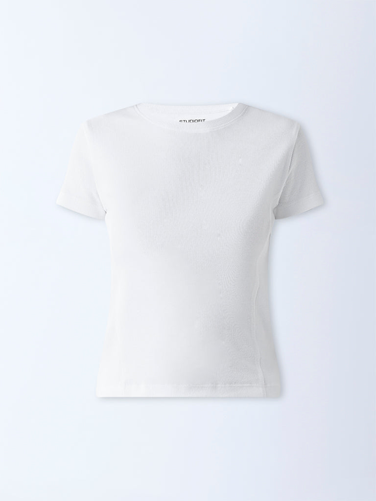 Studiofit White Ribbed-Textured Cotton-Blend T-Shirt - Image 5