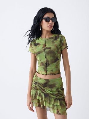 Nuon Lime Floral Patterned Mesh Top