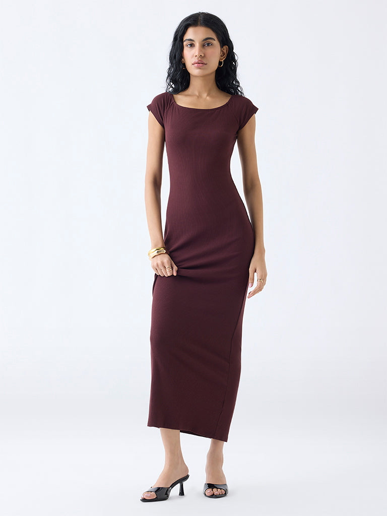 Nuon Brown Ribbed-Textured Bodycon Dress