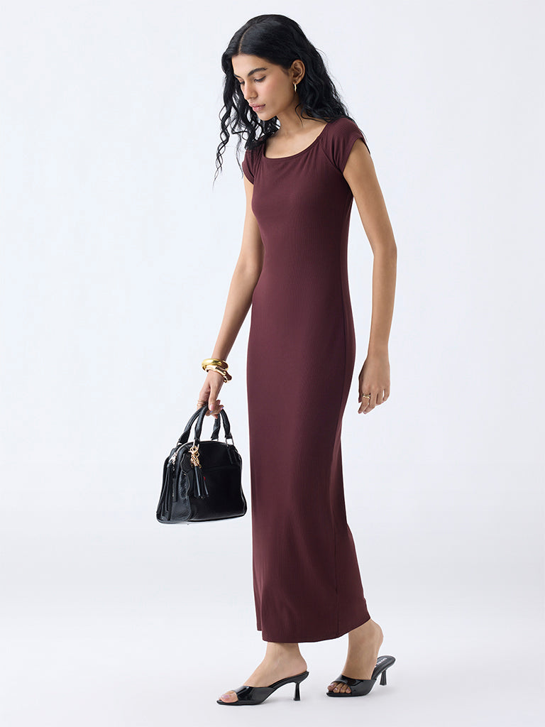 Nuon Brown Ribbed-Textured Bodycon Dress - Image 2