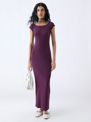 Nuon Plum Ribbed-Textured Bodycon Dress