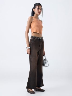 Nuon Brown Washed High-Rise Bootcut Jeans