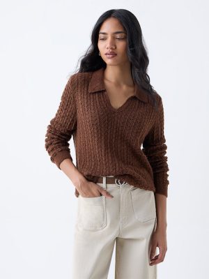 LOV Brown Knit-Textured Sweater