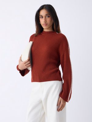 LOV Rust Ribbed-Textured Sweater