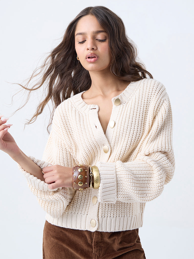LOV Beige Knit-Textured Cardigan - Image 2