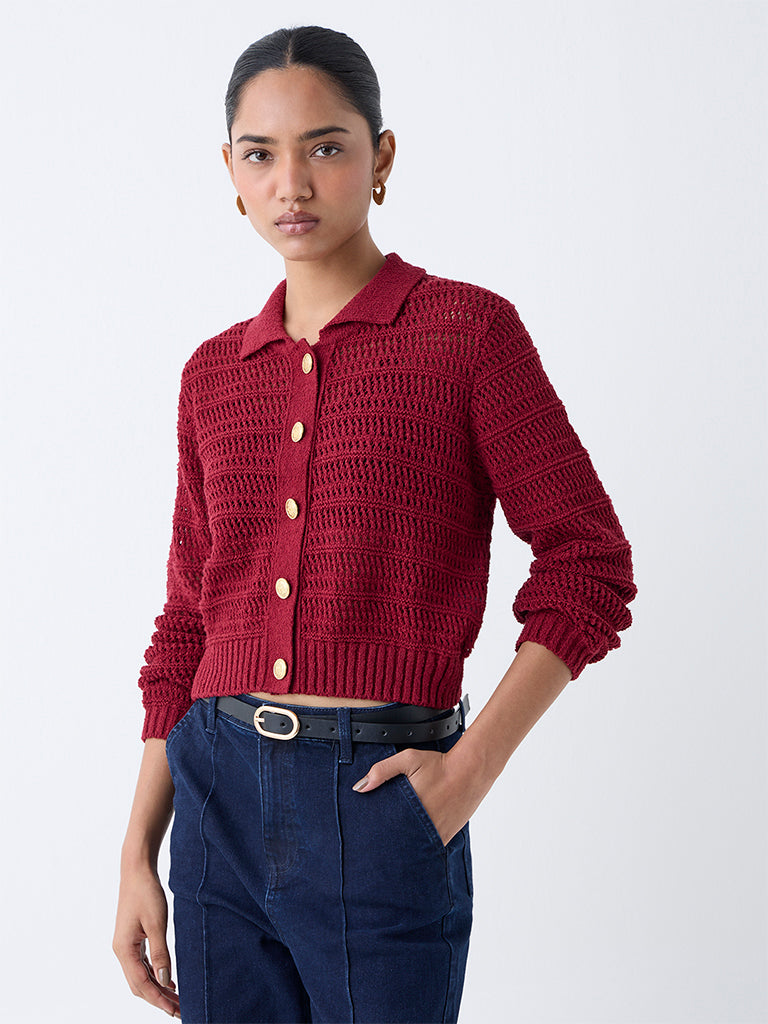 LOV Burgundy Knit-Textured Cotton-Blend Cardigan