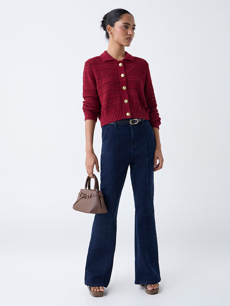 LOV Burgundy Knit-Textured Cotton-Blend Cardigan - Image 2