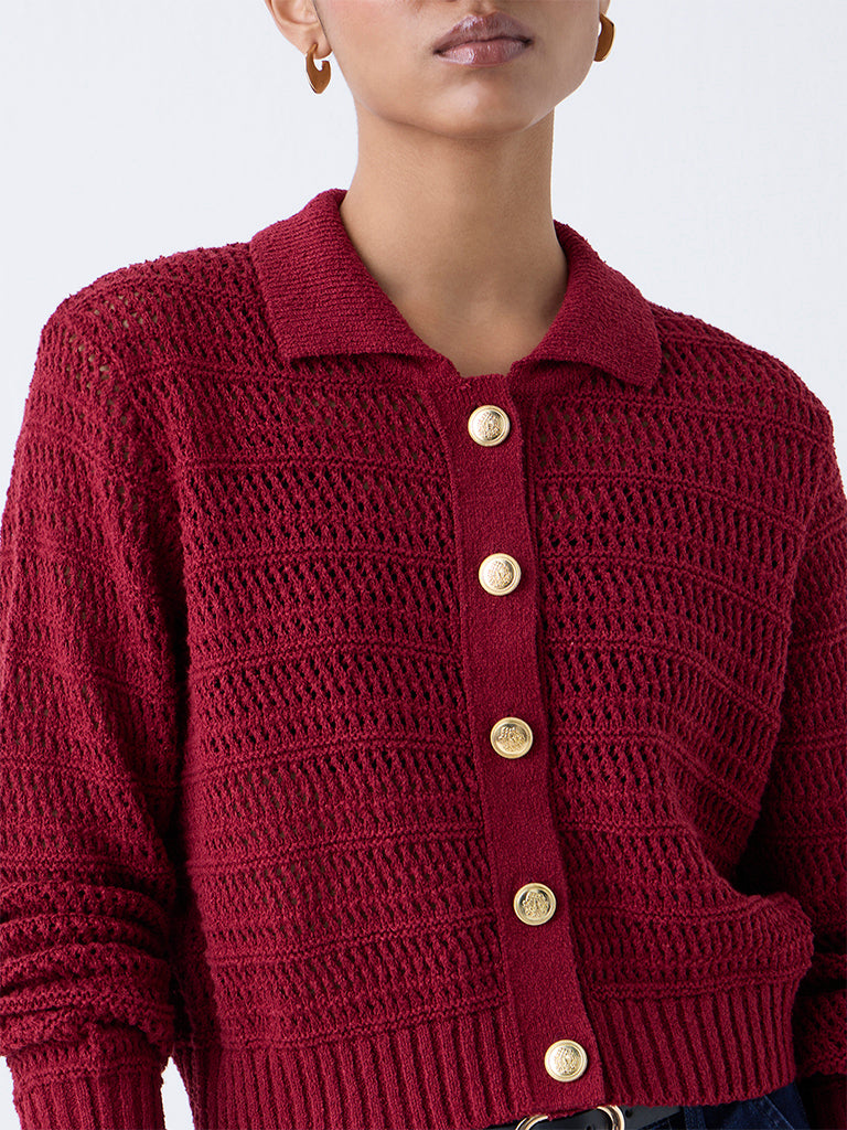 LOV Burgundy Knit-Textured Cotton-Blend Cardigan - Image 3