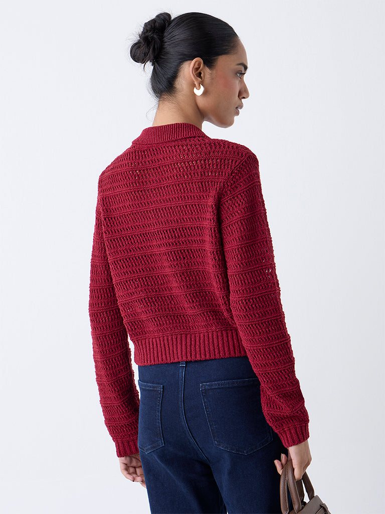 LOV Burgundy Knit-Textured Cotton-Blend Cardigan - Image 4