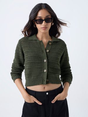 LOV Olive Knit-Textured Cotton-Blend Cardigan