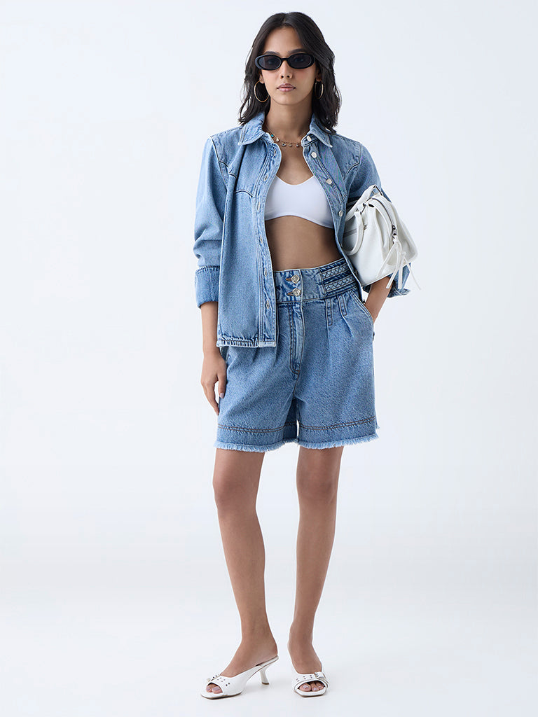 LOV Blue Fringe-Detailed High-Rise Denim Shorts