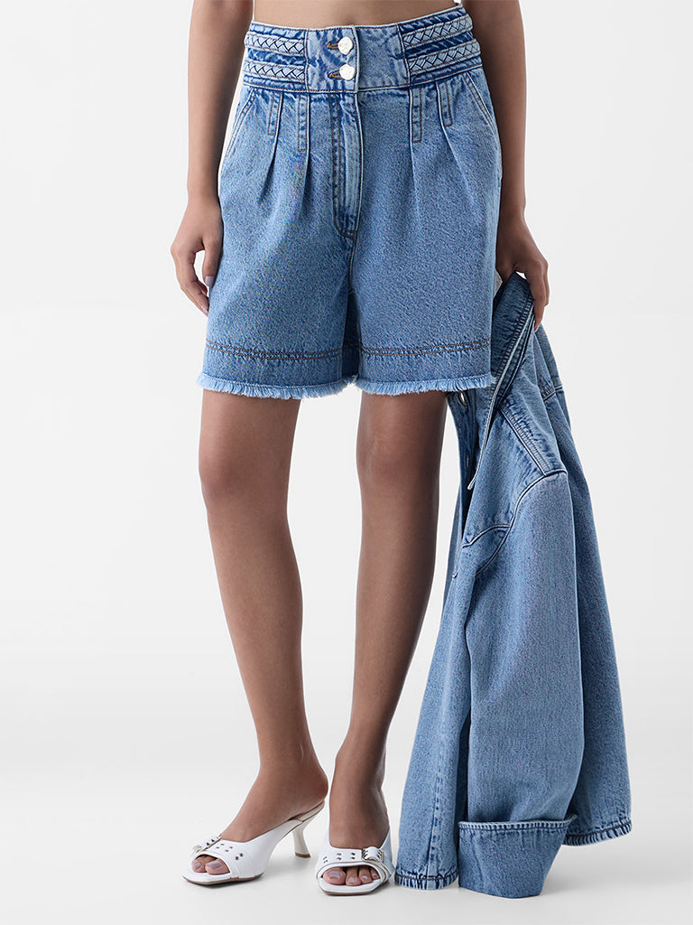 LOV Blue Fringe-Detailed High-Rise Denim Shorts - Image 2