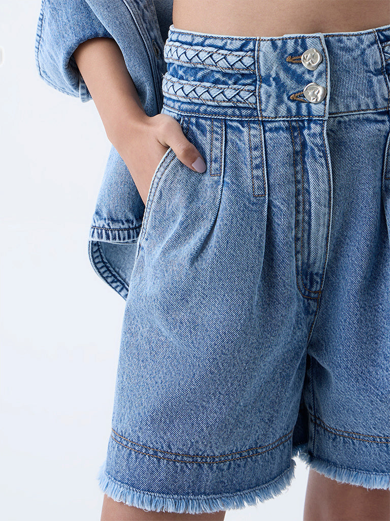 LOV Blue Fringe-Detailed High-Rise Denim Shorts - Image 3