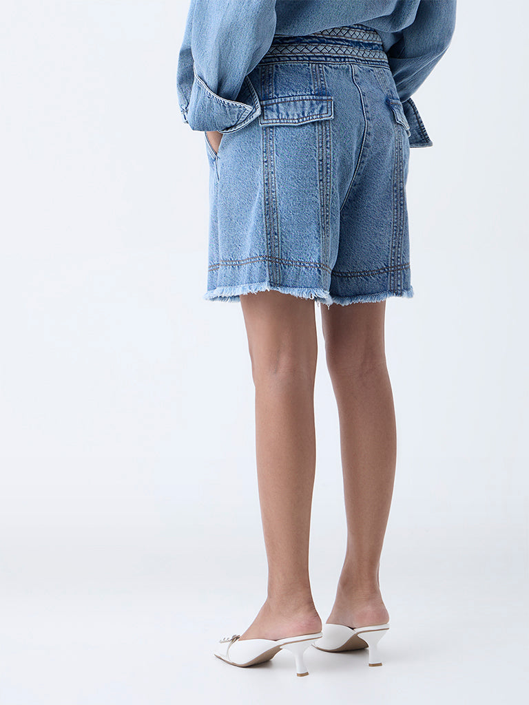 LOV Blue Fringe-Detailed High-Rise Denim Shorts - Image 4