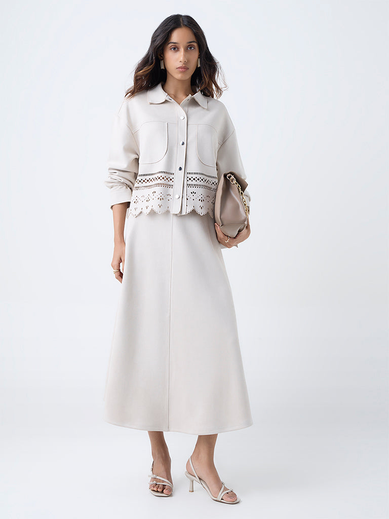 LOV Off-White Solid High-Rise Suede Skirt