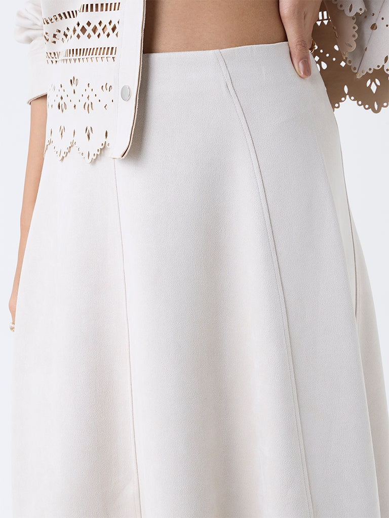 LOV Off-White Solid High-Rise Suede Skirt - Image 3