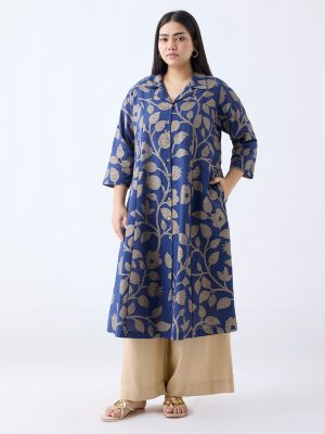 Diza Blue Floral Detailed A-Line Cotton Kurta