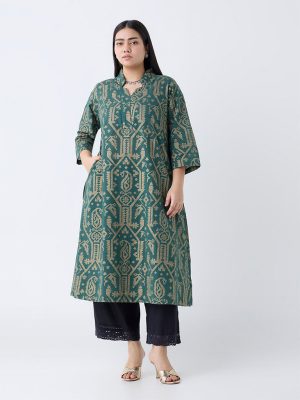 Diza Green Jamdani-Printed Cotton-Blend A-Line Kurta
