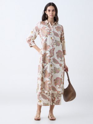 Utsa Beige Botanical Design A-Line Kurta