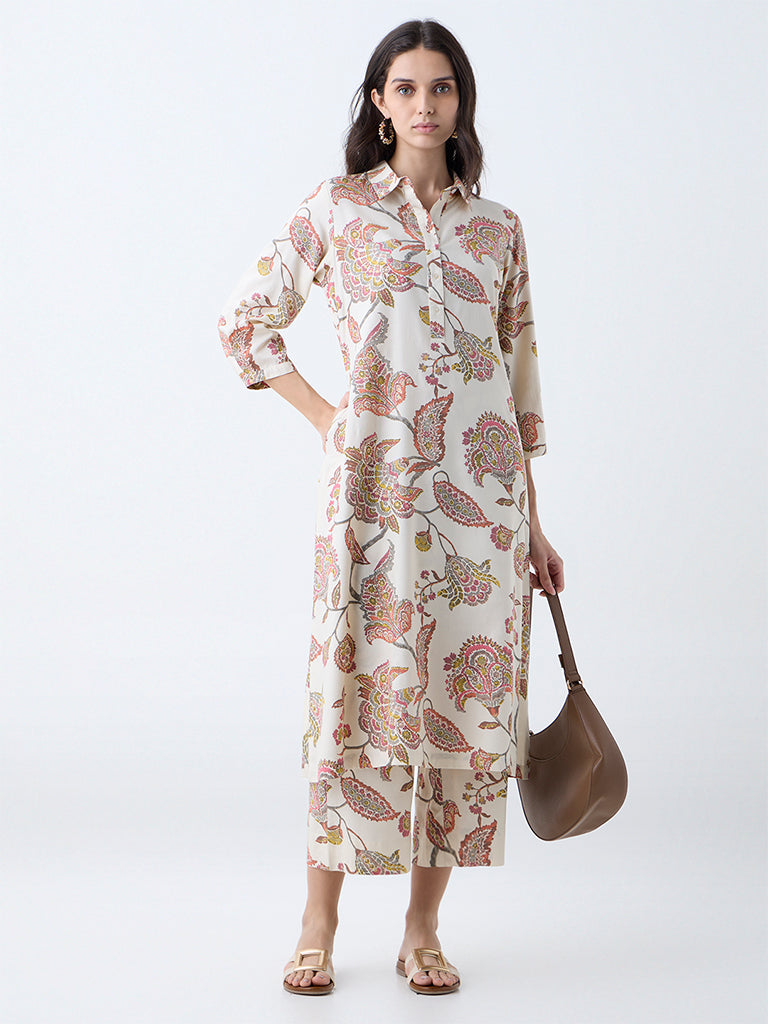 Utsa Beige Botanical Design A-Line Kurta