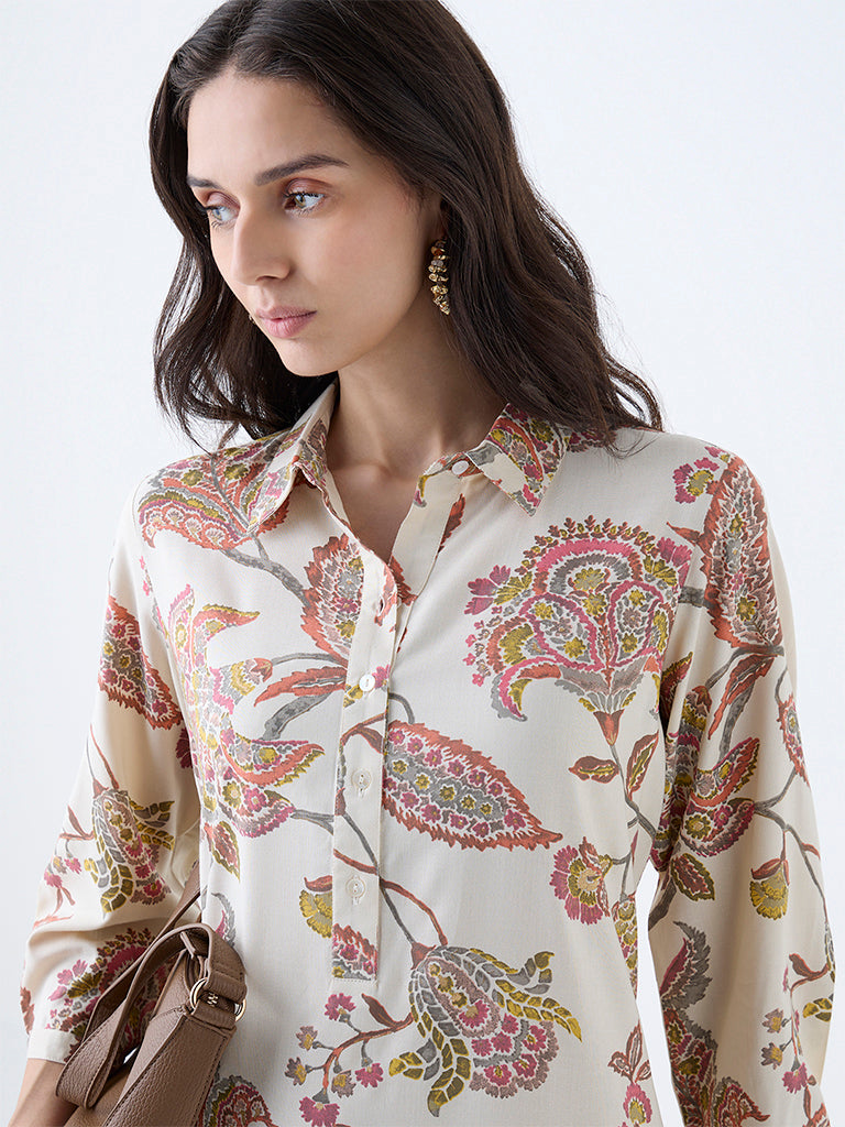 Utsa Beige Botanical Design A-Line Kurta - Image 3
