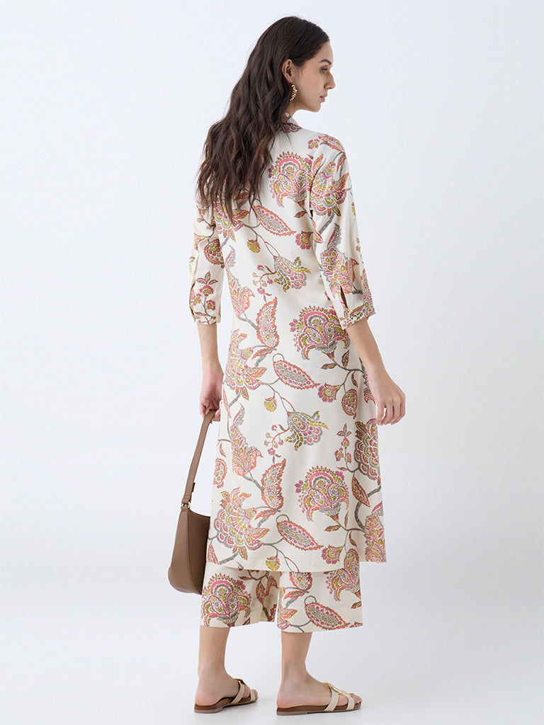 Utsa Beige Botanical Design A-Line Kurta - Image 4