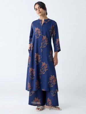 Utsa Indigo Floral Detailed A-Line Kurta
