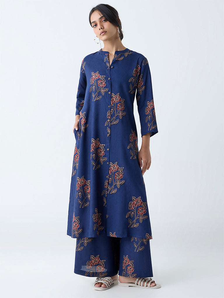 Utsa Indigo Floral Detailed A-Line Kurta