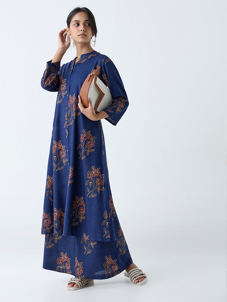 Utsa Indigo Floral Detailed A-Line Kurta - Image 2