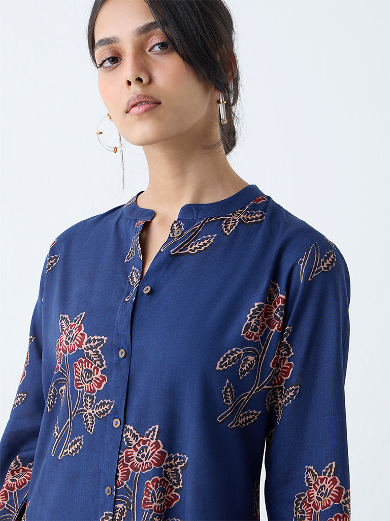 Utsa Indigo Floral Detailed A-Line Kurta - Image 3