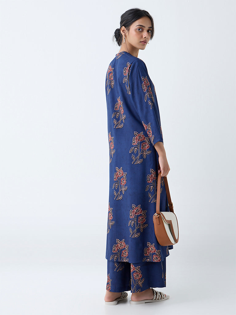 Utsa Indigo Floral Detailed A-Line Kurta - Image 4