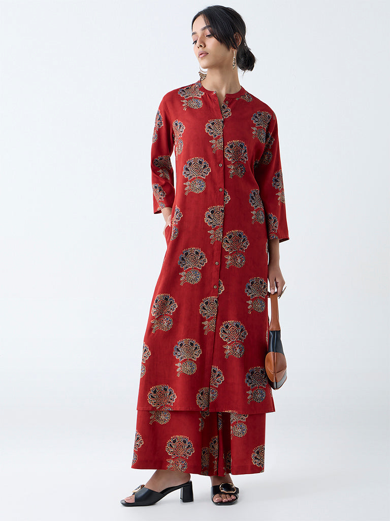 Utsa Red Floral Pattern A-Line Kurta