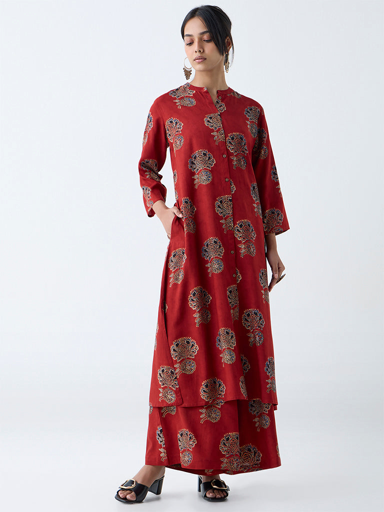 Utsa Red Floral Pattern A-Line Kurta - Image 2