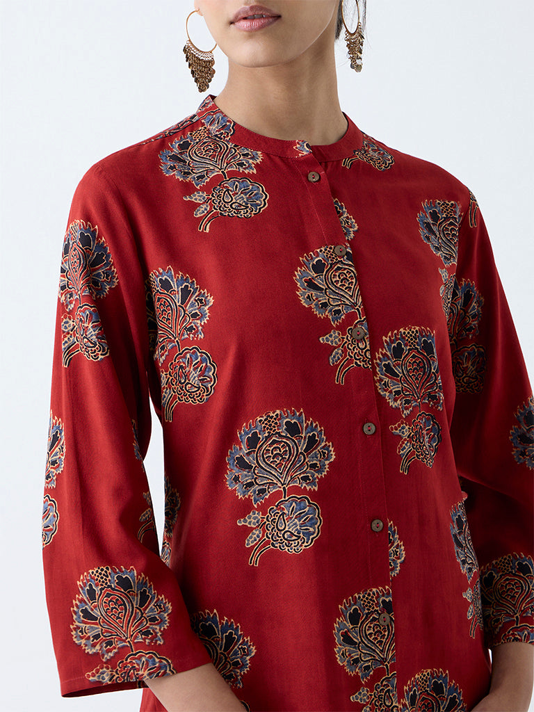 Utsa Red Floral Pattern A-Line Kurta - Image 3
