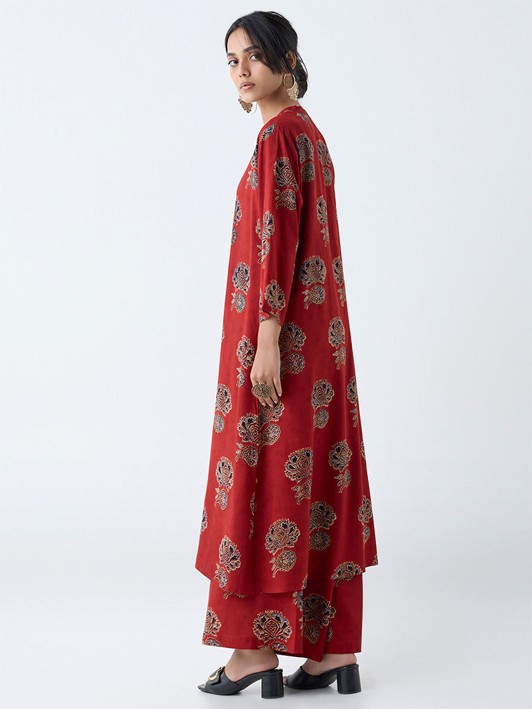 Utsa Red Floral Pattern A-Line Kurta - Image 4