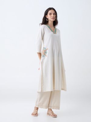 Utsa Beige Embroidered Cotton-Blend A-Line Kurta